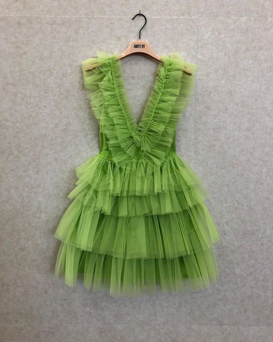 A Line Green Tiered Homecoming Dress, Tulle Short Prom Party Dress    S1477