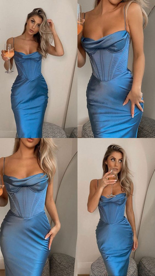 Blue Simple Long Party Formal Prom Dresses for Girls     S2263