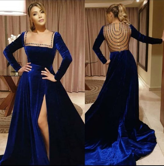 Blue Velvet Long Prom Dresses With Side Slit    S2090