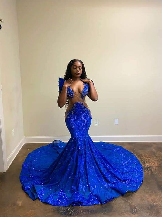 Blue mermaid prom dress long evening dress    S2069