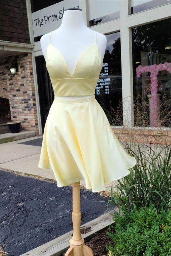 Two Piece Angel Homecoming Dresses Short Yellow With Spaghetti Straps     S1747