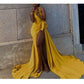 Long Yellow Prom dress with leg split, Evening dresses,wedding reception dress,african prom dress     S927