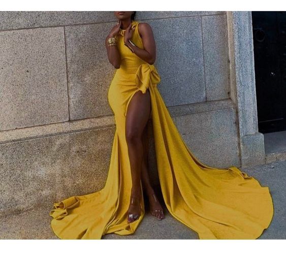 Long Yellow Prom dress with leg split, Evening dresses,wedding reception dress,african prom dress     S927