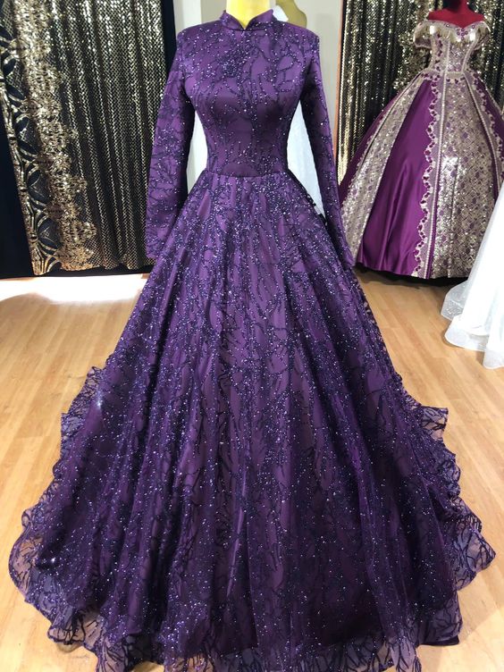 Purple tulle beads long Sleeve prom dress evening dress    S2005