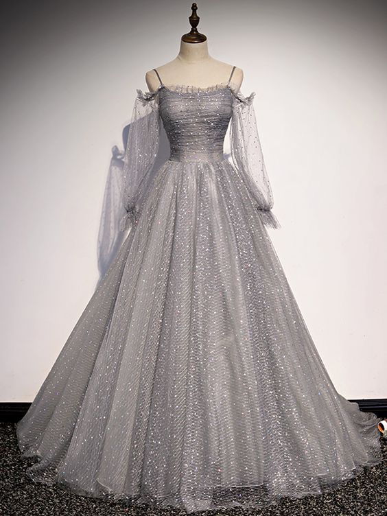 Gray Long Sleeve Sequins Prom Dress     S1040