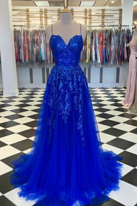 Blue Long Prom Dress, Formal Dress, Lace Evening Dress    S1987