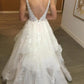 Elegant v neck open back lace long prom dress, wedding dress    S1591