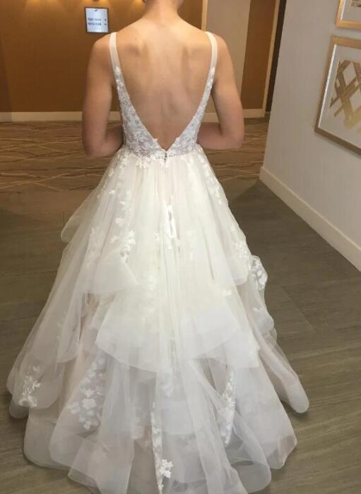 Elegant v neck open back lace long prom dress, wedding dress    S1591