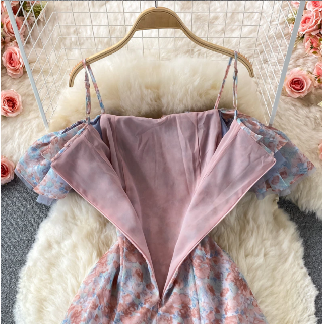 Chiffon Floral Strap Dress    S538