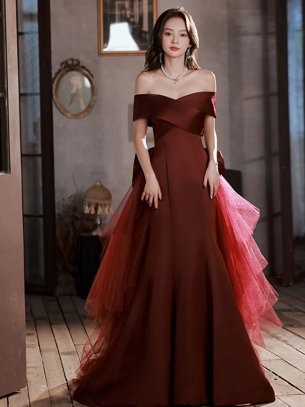 Burgundy Mermaid Sweep Train Long Prom Dress, Off Shoulder Satin Burgundy Evening Dress     S1947