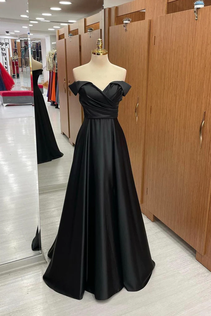 Off Shoulder Black Satin Long Prom Dress, Long Black Formal Graduation Evening Dress      S1368