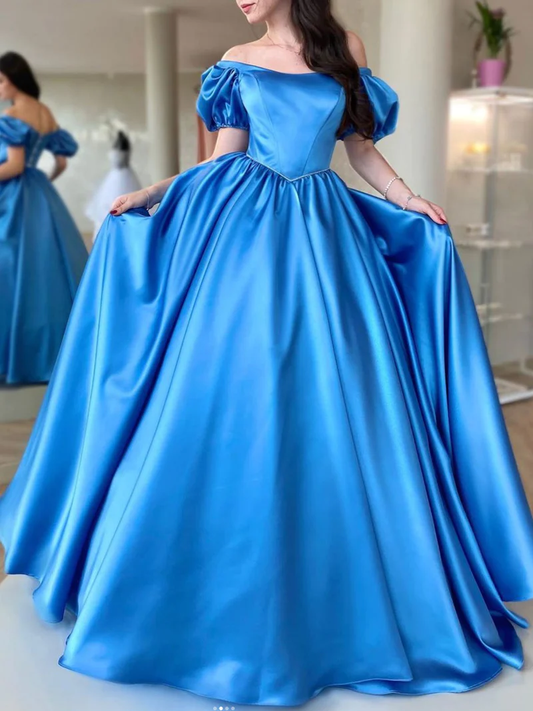 BLUE SATIN LONG PROM DRESS, A LINE LONG BLUE GRADUATION DRESSES     S1362