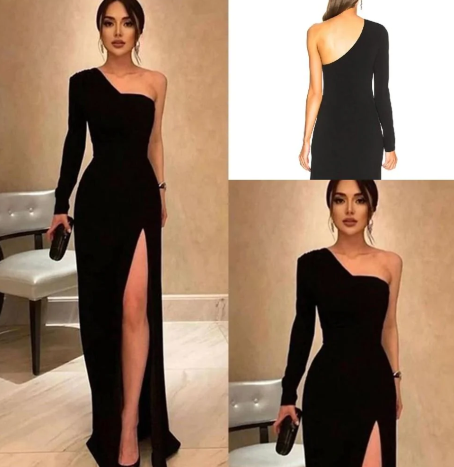 Black Simple Mermaid Evening Dress Long Sleeves One Shoulder High Side Split Formal Prom Dress Party Wear      S786