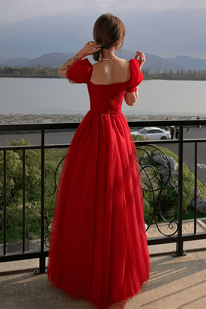 Red Short Sleeves Tulle Prom Dress Party Dress, Red Evening Gown Formal Dresses     S2424