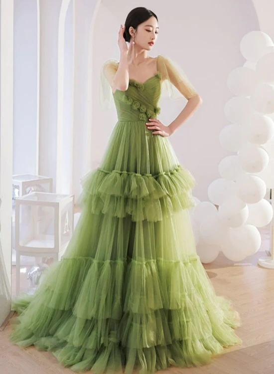 Light Green Layers Tulle Sweetheart Long Formal Dresses, Tulle Wedding Party Dresses    S1237