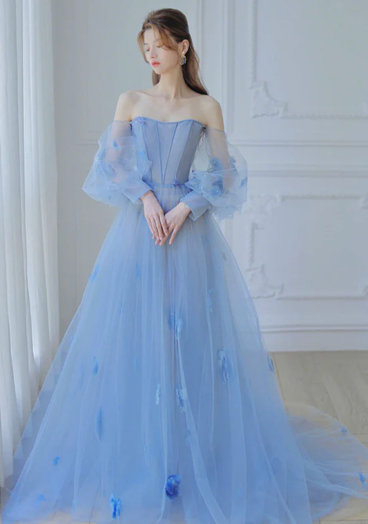 Blue tulle long prom dress A-line evening dress      S839
