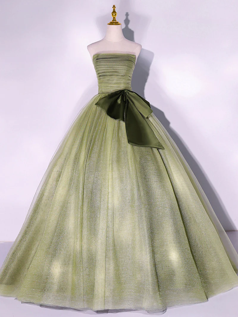 GREEN A LINE TULLE LONG PROM DRESSES, GREEN FORMAL EVENING DRESS     S1357