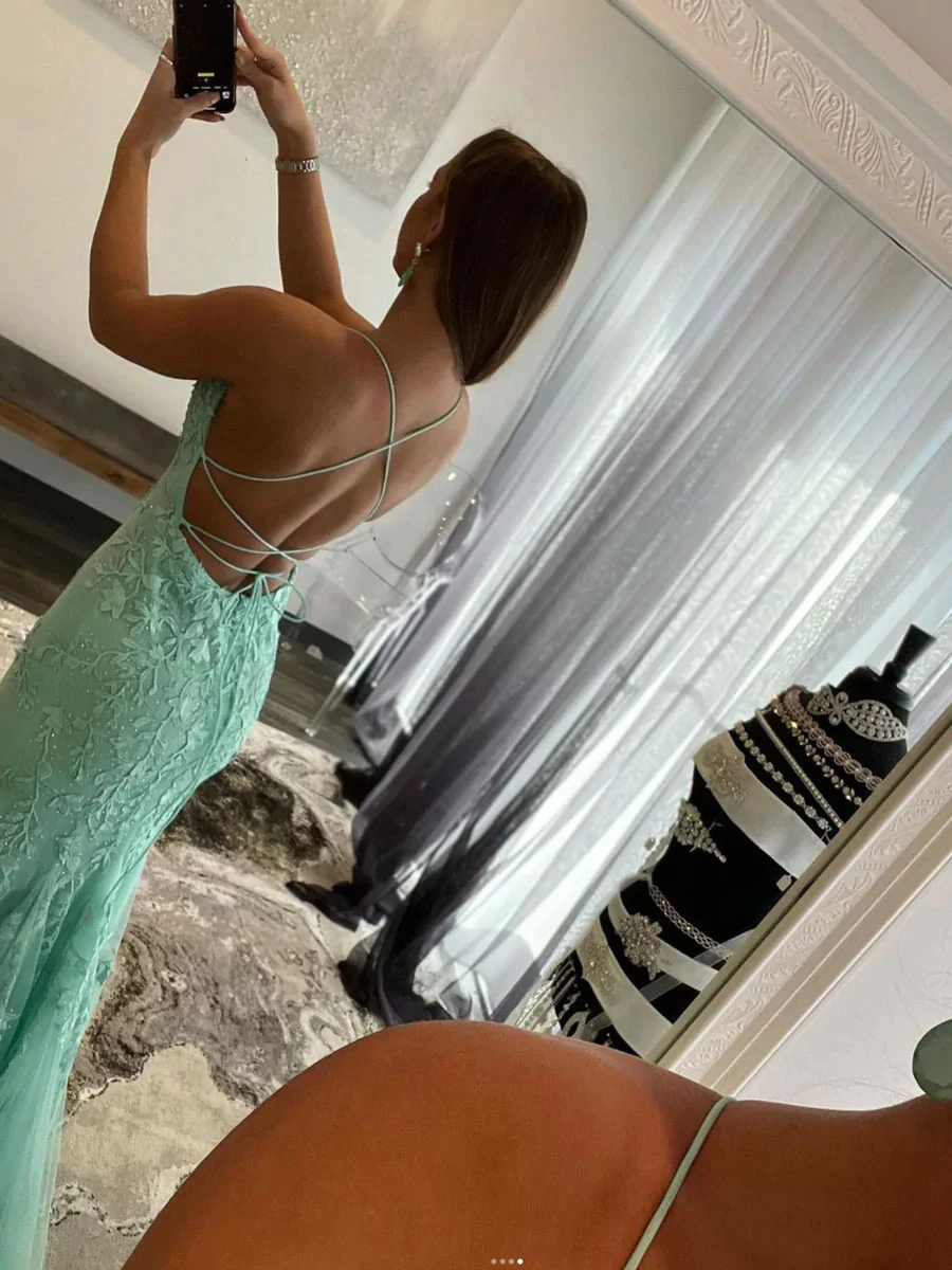 Green Lace Mermaid Long Prom Dress,Backless Formal Dress     S2429