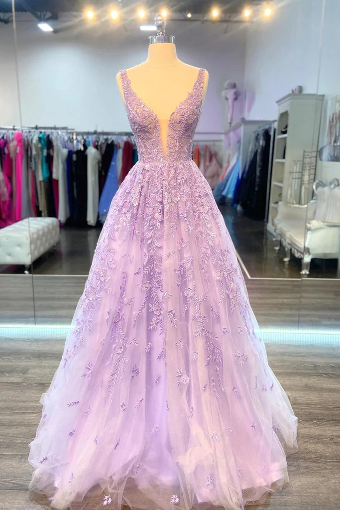 V Neck Purple Lace Long Prom Dress, Lilac Lace Formal Dress, Purple Evening Dress     S1370