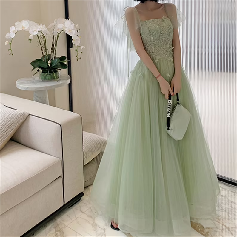 Green prom dress long Lace floral top prom dress      S1897