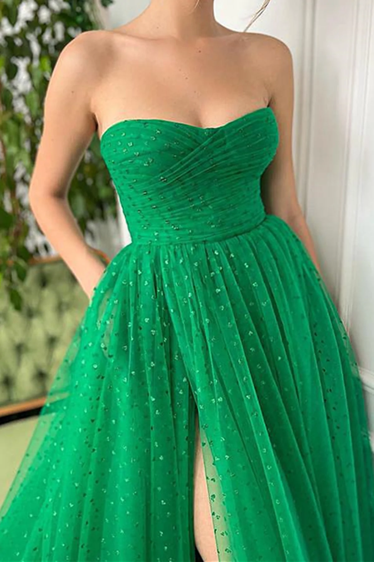 Strapless Green Long Tulle Prom Dresses, Strapless Green Long Tulle Formal Evening Dresses      S2095