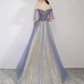 A-LINE TULLE BLUE LONG PROM DRESSES, SEQUIN LONG GRADUATION DRESS    S1361