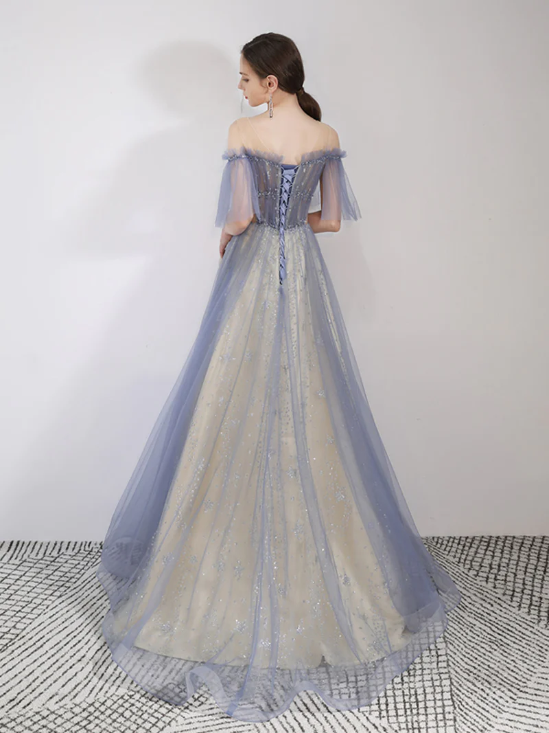 A-LINE TULLE BLUE LONG PROM DRESSES, SEQUIN LONG GRADUATION DRESS    S1361