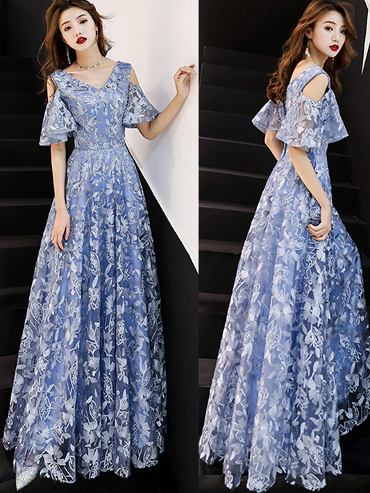 V NECK LACE LONG PROM DRESS, BLUE FORMAL GRADUATION DRESS      S1351