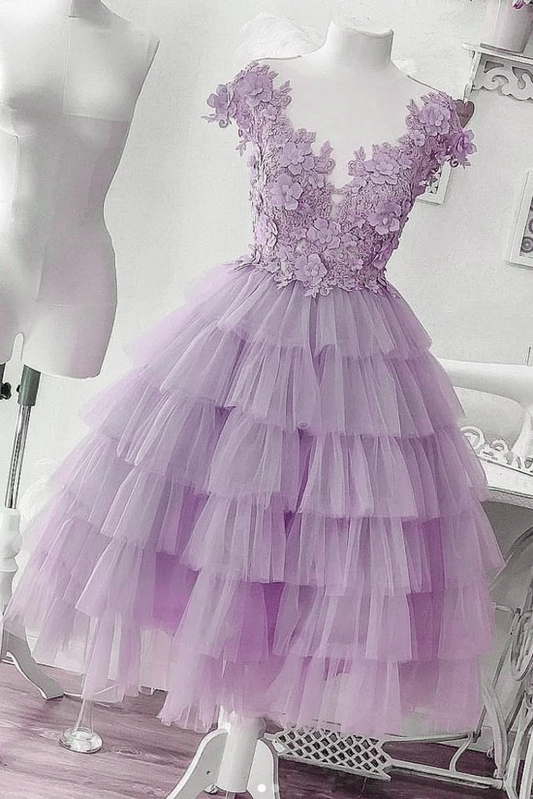 Lavener Layers Tulle with Lace Short Party Dress, Cute Formal Dress      S1036