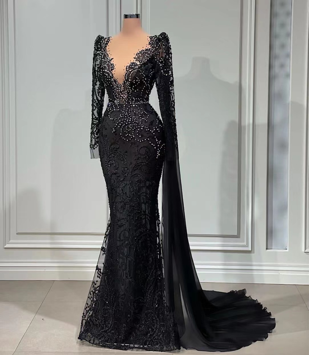 modest black evening dresses long sleeve lace applique beaded mermaid elegant vintage evening gown formal party dressess    S2442