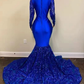 Mermaid Royal Blue Long Sleeevs Deep V Neck Prom Dresses Formal Evening Dresses   S2418