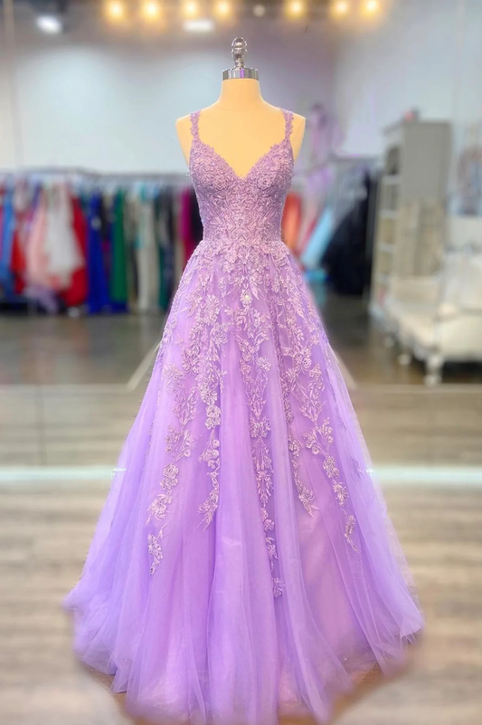 V Neck Purple Lace Prom Dresses, A-Line Spaghetti Straps Lace Formal Dresses    S1812