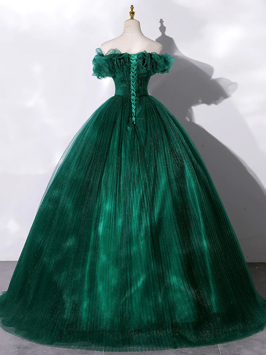 Green tulle off shoulder long prom dress green tulle formal gown     S1769