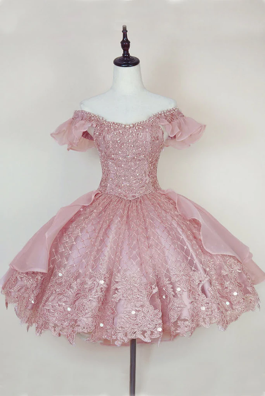 Pink Lace Homecoming Gown With Beading, Princess Off The Shoulder Hoco Dress   S1626