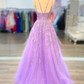 V Neck Purple Lace Prom Dresses, A-Line Spaghetti Straps Lace Formal Dresses    S1812