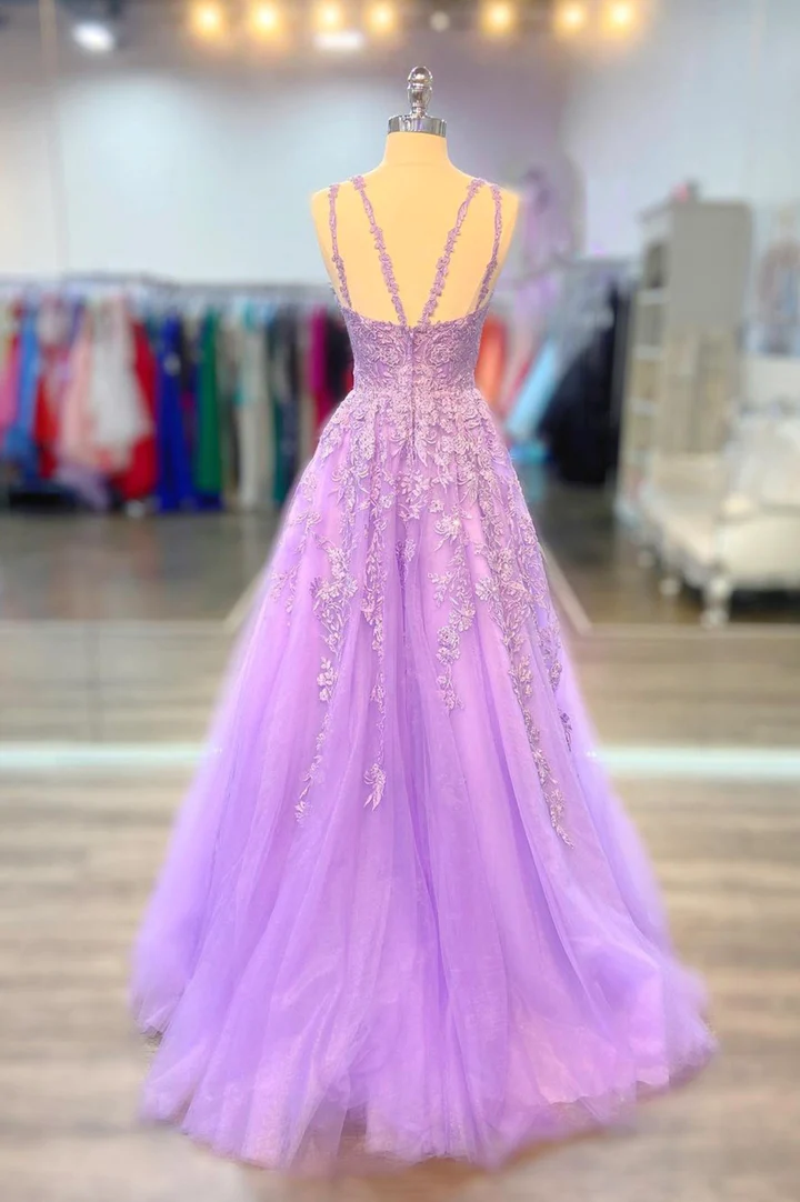 V Neck Purple Lace Prom Dresses, A-Line Spaghetti Straps Lace Formal Dresses    S1812