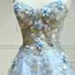 Blue lace appliqué long prom dress A line evening dress     S2221
