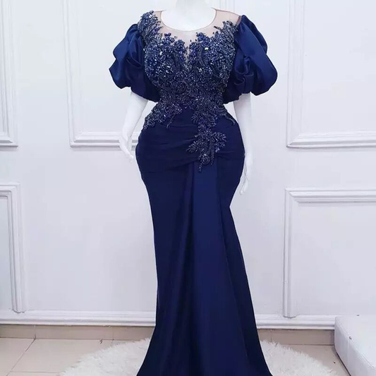 Navy Blue Prom Dresses Long Luxury Puffy Sleeves Sheer Neck Beads Appliques Mermaid Formal Party Gowns Evening Dress Plus Size    S2440