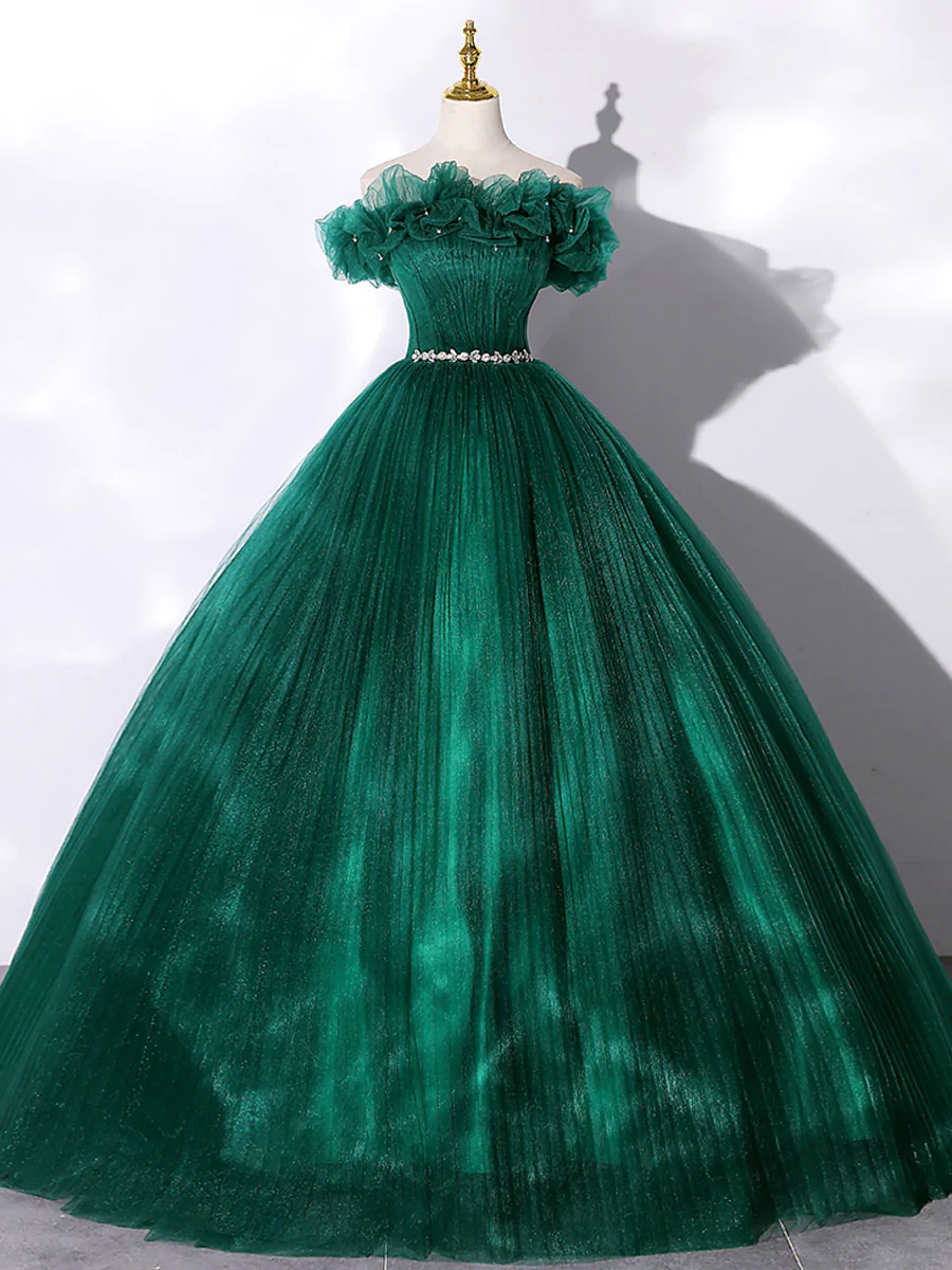 Green tulle off shoulder long prom dress green tulle formal gown     S1769