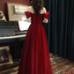 A line tulle sequin long prom dress burgundy tulle formal party dress   S2278
