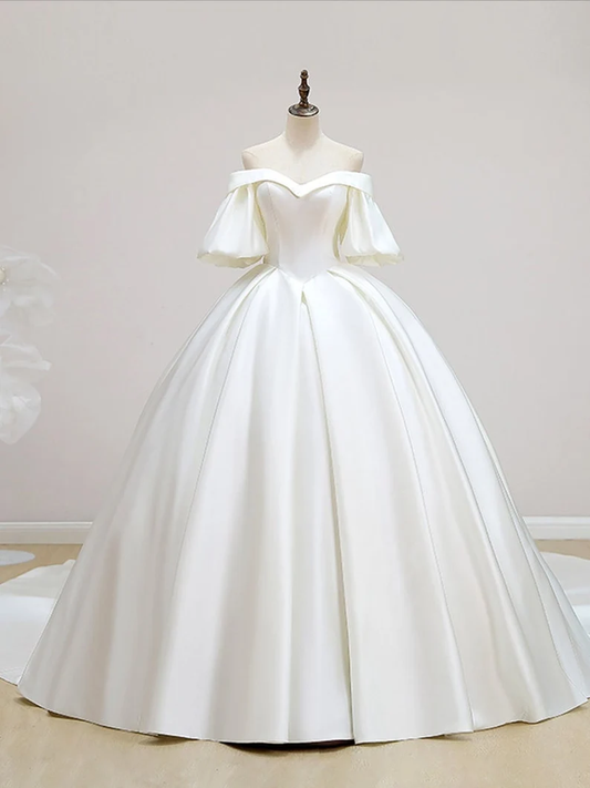 Simple Off-Shoulder Short Sleeves Wedding Dress Satin Chapel Train Ball Gown Bridal Dress     S1935