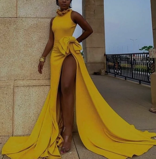 Long Yellow Prom dress with leg split, Evening dresses,wedding reception dress,african prom dress     S927