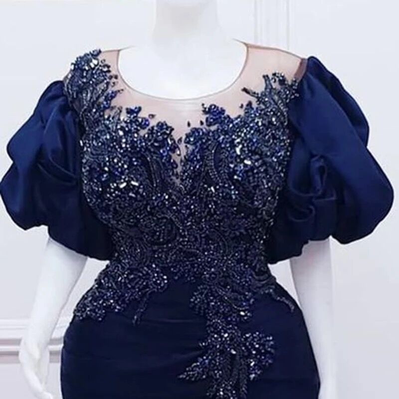 Navy Blue Prom Dresses Long Luxury Puffy Sleeves Sheer Neck Beads Appliques Mermaid Formal Party Gowns Evening Dress Plus Size    S2440