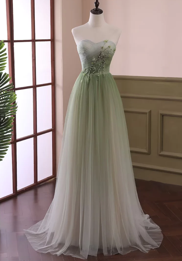 Light Green Gradient Tulle Long Formal Dress, Green Beaded Sweetheart Prom Dresses      S1038