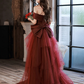 Burgundy Mermaid Sweep Train Long Prom Dress, Off Shoulder Satin Burgundy Evening Dress     S1947