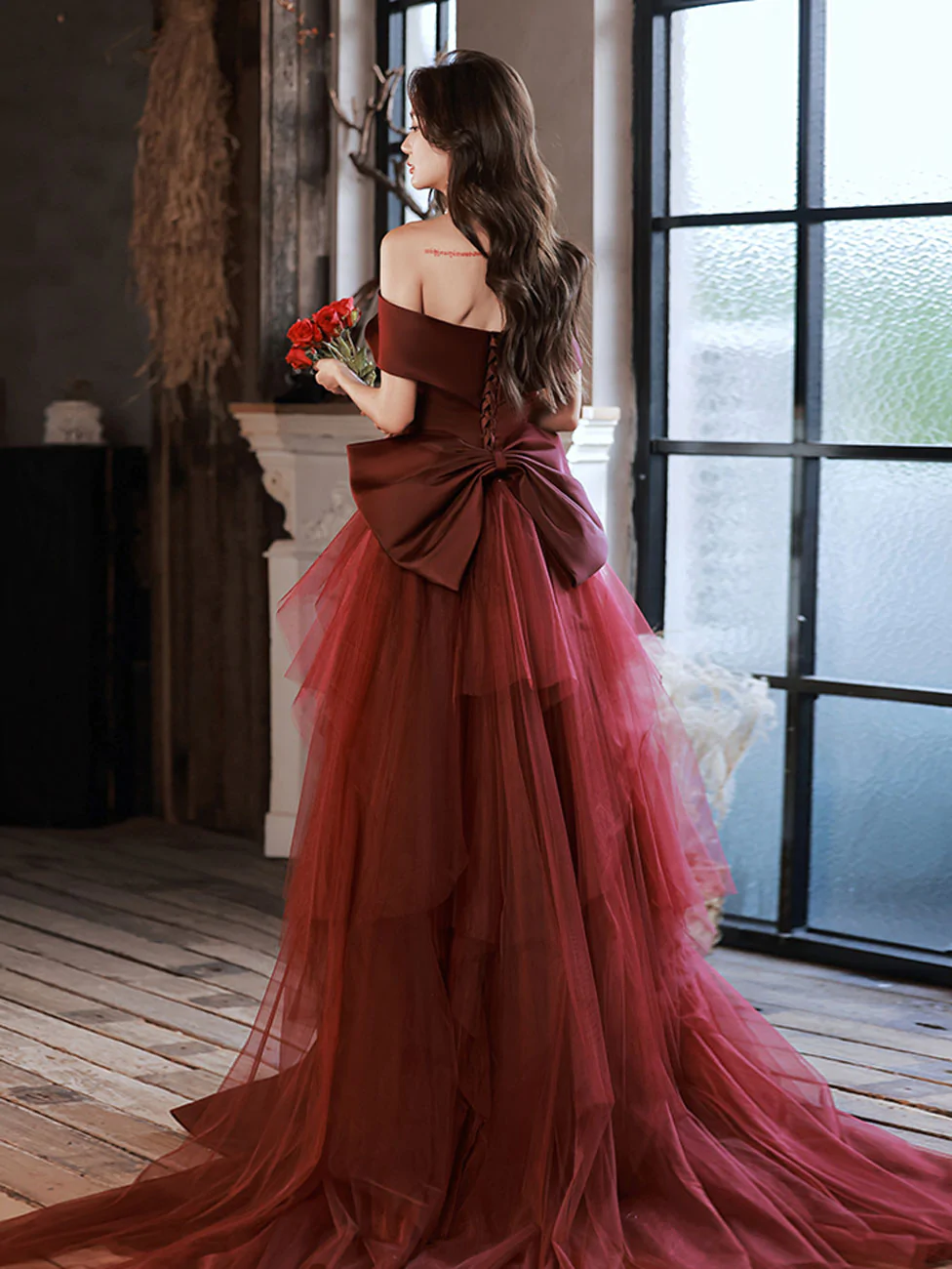 Burgundy Mermaid Sweep Train Long Prom Dress, Off Shoulder Satin Burgundy Evening Dress     S1947