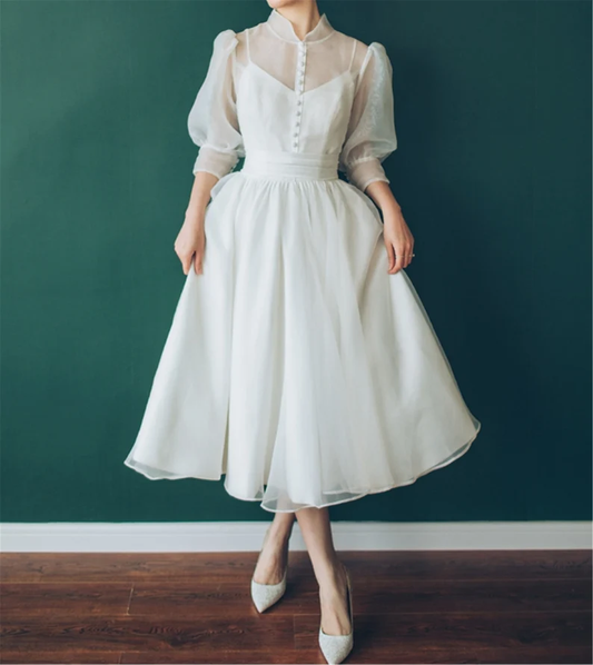 Ivory Organza Short Tea Length Wedding Dress,Vintage High Neck Wedding Dress,Short Bridal Dress     S2186