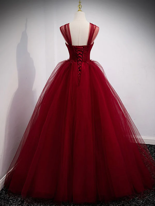 Burgundy Sweetheart Tulle Long Prom Dress, Burgundy Evening Dress     S1895