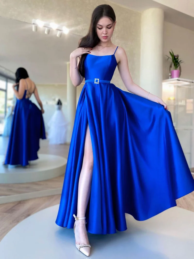 SIMPLE BLUE SATIN LONG PROM DRESSES, BLUE FORMAL PARTY DRESS      S1354