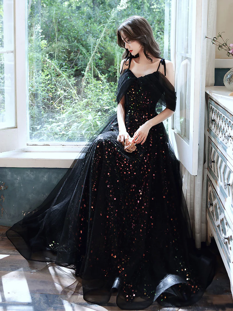 A LINE BLACK LONG PROM DRESSES, OFF SHOULDER TULLE LONG EVENING DRESS WITH SEQUIN TULLE      S1356